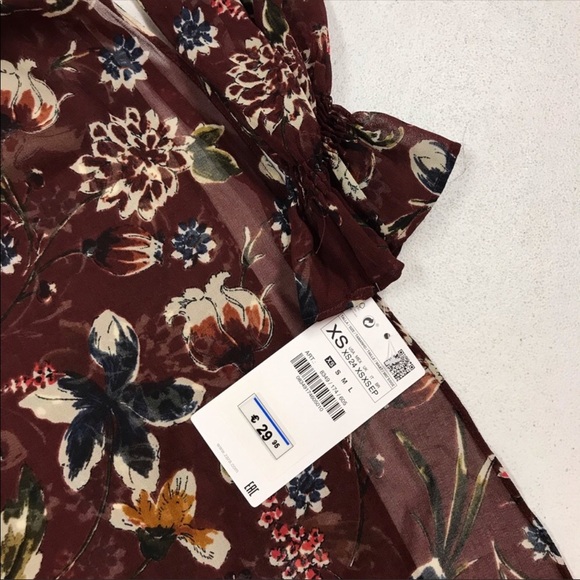 ZARA Burgundy Floral Button down tunic blouse - Picture 5 of 8